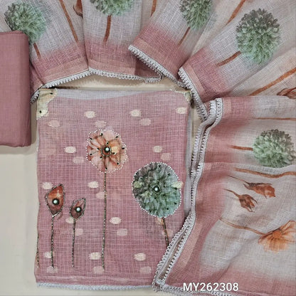 Pale pink benarasi chanderi kota unstitched salwar material,floral printed, cut bead, sugar bead & sequins work on daman, zari buttas all over( lining needed)matching cotton bottom, floral printed kota dupatta with lace tapping. MY262308