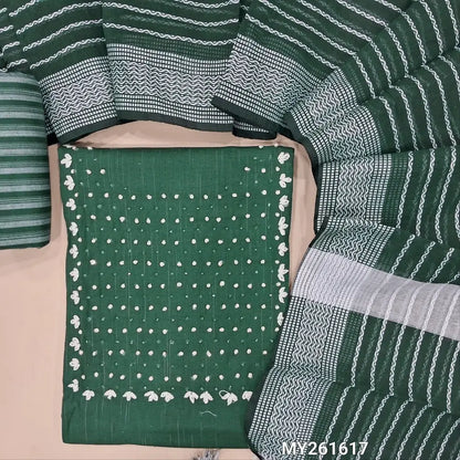 Dark green soft spun cotton unstitched salwar material,french knot & bead work on yoke (lining optional)vertical striped spun cotton bottom,thread woven soft silk cotton dupatta. MY261617