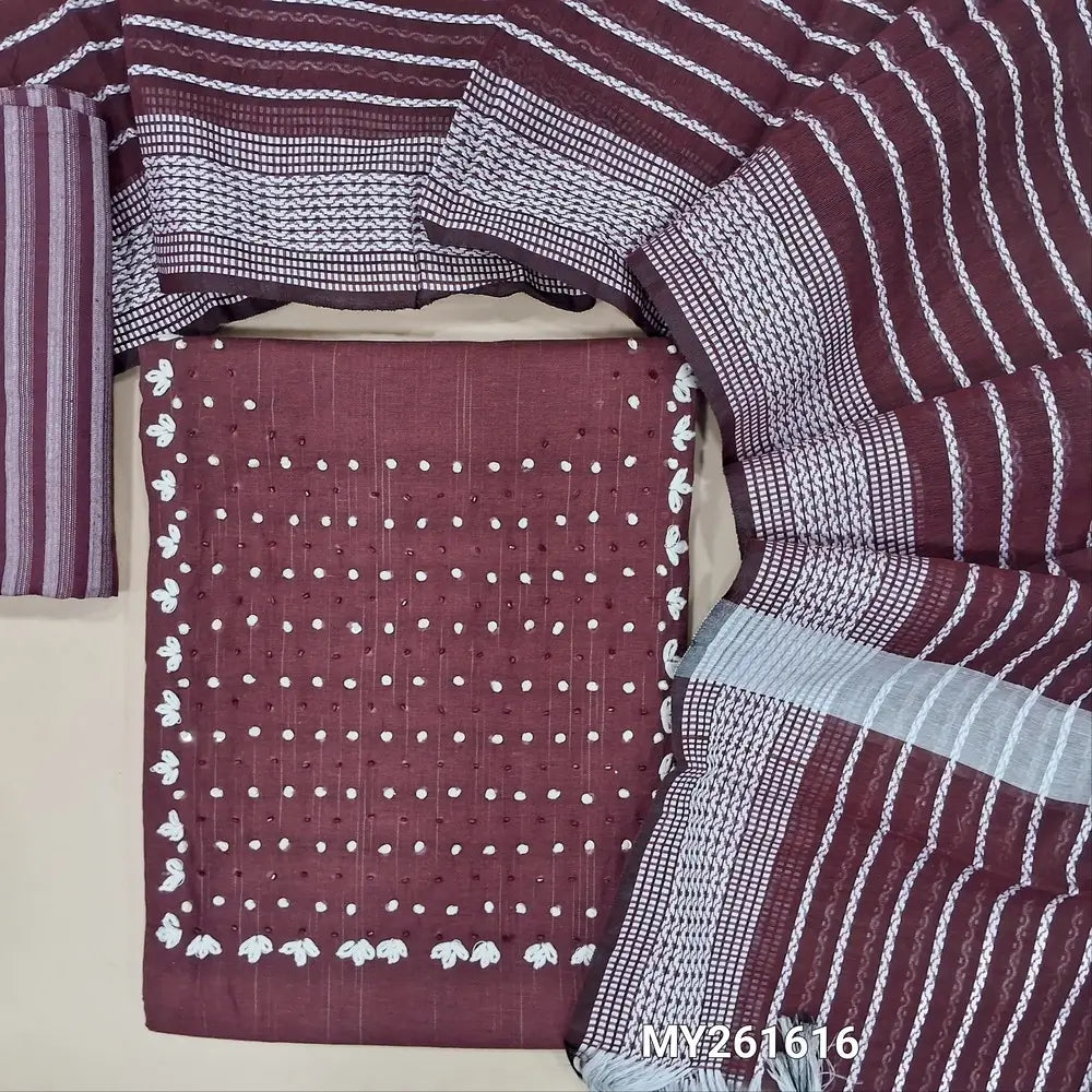 Dark maroon soft spun cotton unstitched salwar material,french knot & bead work on yoke (lining optional)vertical striped spun cotton bottom,thread woven soft silk cotton dupatta. MY261616