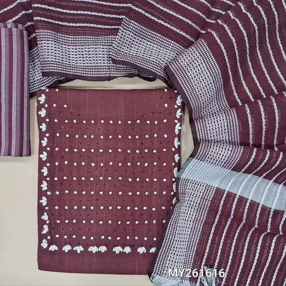 Dark maroon soft spun cotton unstitched salwar material,french knot & bead work on yoke (lining optional)vertical striped spun cotton bottom,thread woven soft silk cotton dupatta. MY261616