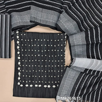 Black soft spun cotton unstitched salwar material,french knot & bead work on yoke (lining optional)vertical striped spun cotton bottom,thread woven soft silk cotton dupatta. MY261615