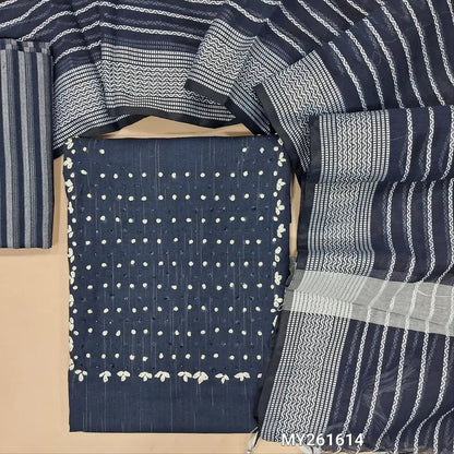 Dark blue soft spun cotton unstitched salwar material,french knot & bead work on yoke (lining optional)vertical striped spun cotton bottom,thread woven soft silk cotton dupatta. MY261614