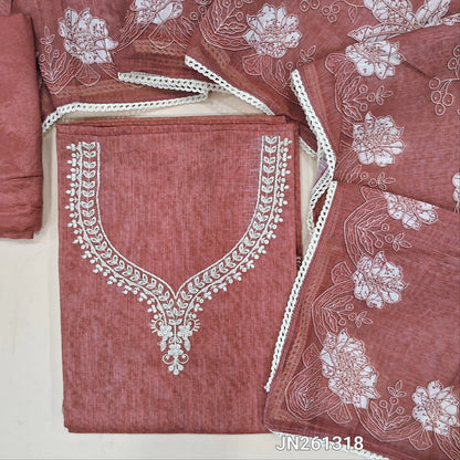 Dark onion pink semi linen unstitched salwar material, embroidered yoke,embroidered and applique work on front, (textured, lining needed)santoon bottom, digital printed semi linen dupatta with lace tapping. JN261318