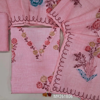 Pastel pink designer premium linen unstitched salwar material, thread embroidered work on yoke,digital printed kantha stitch detailing, french kont work on front(lining needed) santoon bottom,printed hand embroidered on premium linen dupatta. MY261806