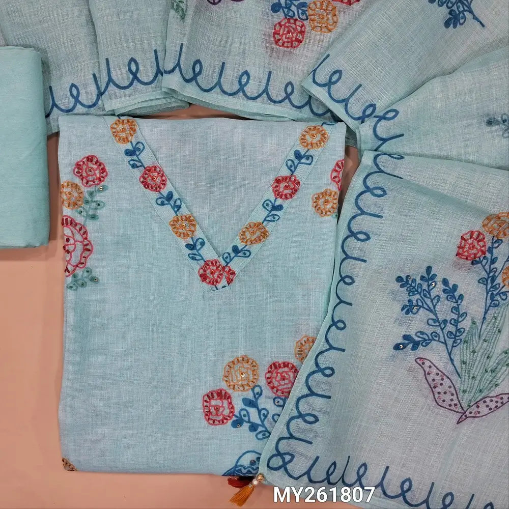 Pastel blue designer premium linen unstitched salwar material, thread embroidered work on yoke,digital printed kantha stitch detailing, french kont work on front(lining needed) santoon bottom,printed hand embroidered on premium linen dupatta. MY261807