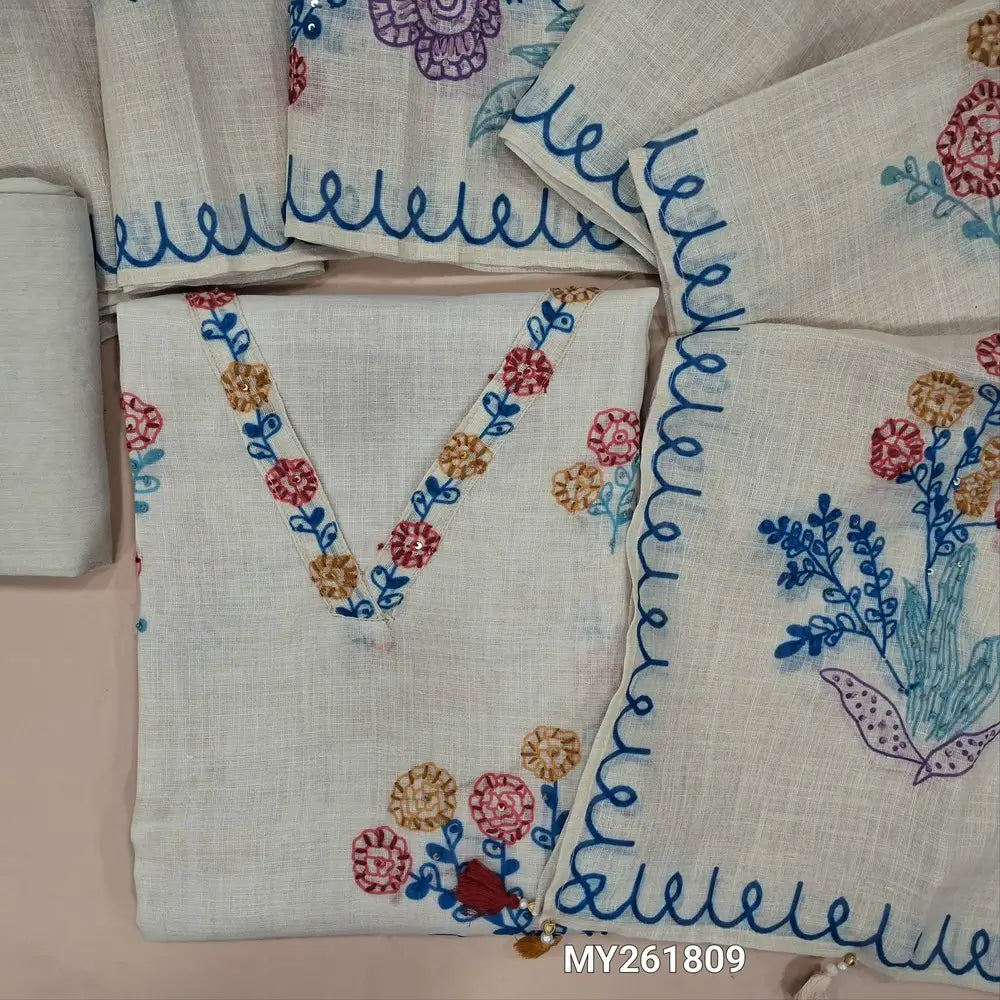 Half white base designer premium linen unstitched salwar material, thread embroidered work on yoke,digital printed kantha stitch detailing, french kont work on front(lining needed) santoon bottom,printed hand embroidered on premium linen dupatta. MY261809