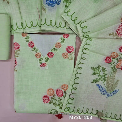 Pastel green designer premium linen unstitched salwar material, thread embroidered work on yoke,digital printed kantha stitch detailing, french kont work on front(lining needed) santoon bottom,printed hand embroidered on premium linen dupatta. MY261808