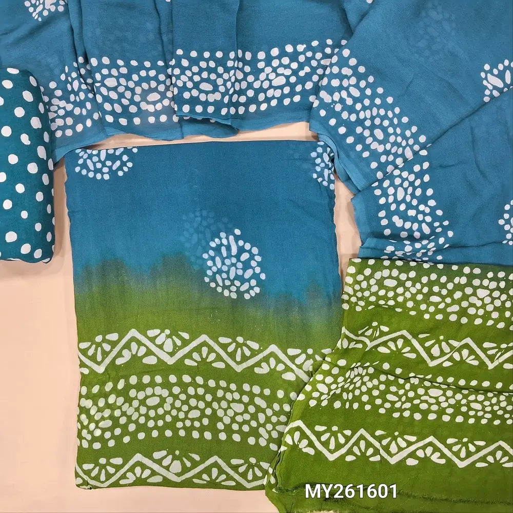 Turquoise blue & green wax batik pure crepe georgette unstitched salwar material, (lining needed)batik dyed santoon bottom,dual shaded wax batik dyed pure crepe georgette dupatta(TAPPING NEEDED). MY261601