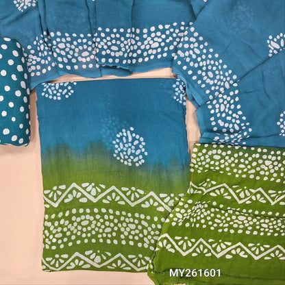 Turquoise blue & green wax batik pure crepe georgette unstitched salwar material, (lining needed)batik dyed santoon bottom,dual shaded wax batik dyed pure crepe georgette dupatta(TAPPING NEEDED). MY261601