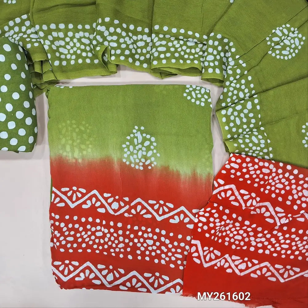 Green & orange wax batik pure crepe georgette unstitched salwar material, (lining needed)batik dyed santoon bottom,dual shaded wax batik dyed pure crepe georgette dupatta(TAPPING NEEDED). MY261602