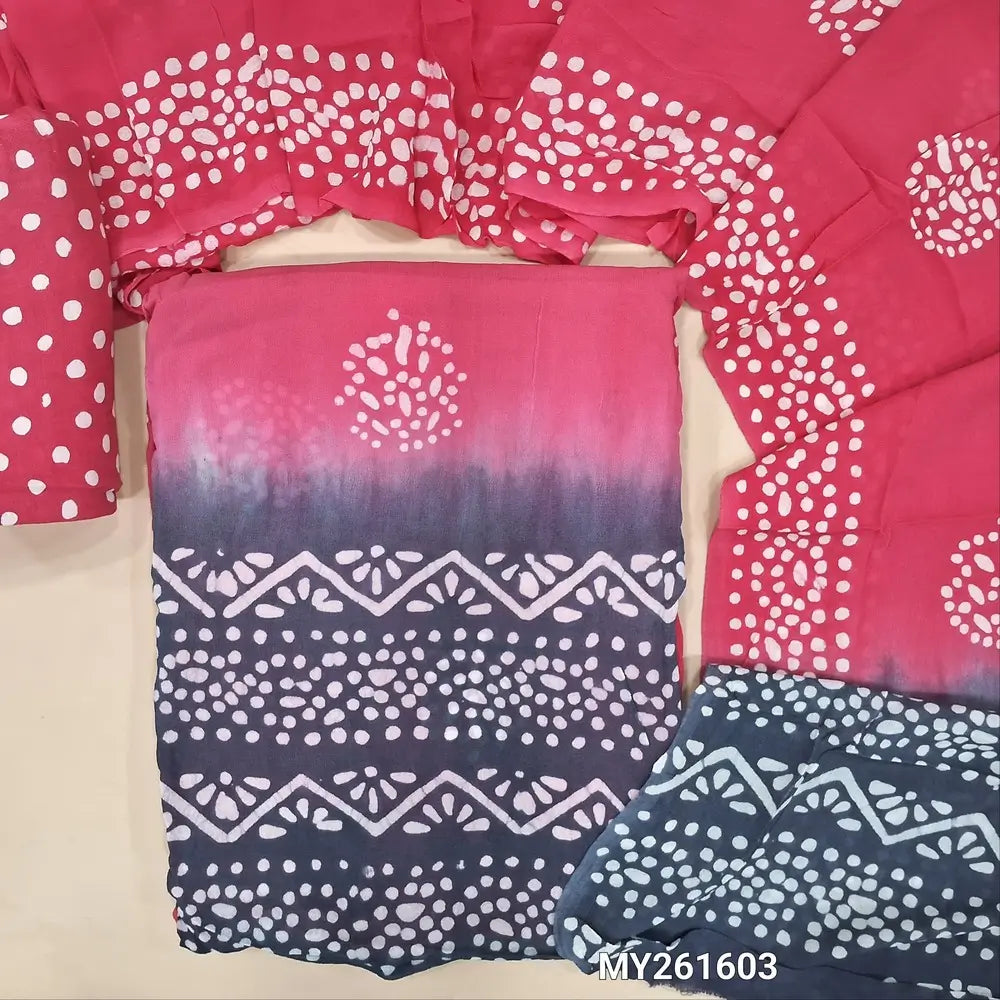 Pink & blue wax batik pure crepe georgette unstitched salwar material, (lining needed)batik dyed santoon bottom,dual shaded wax batik dyed pure crepe georgette dupatta(TAPPING NEEDED). MY261603