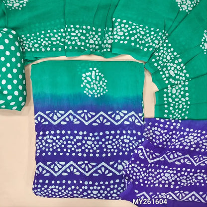 Turquoise green & ink blue wax batik pure crepe georgette unstitched salwar material, (lining needed)batik dyed santoon bottom,dual shaded wax batik dyed pure crepe georgette dupatta(TAPPING NEEDED). MY261604
