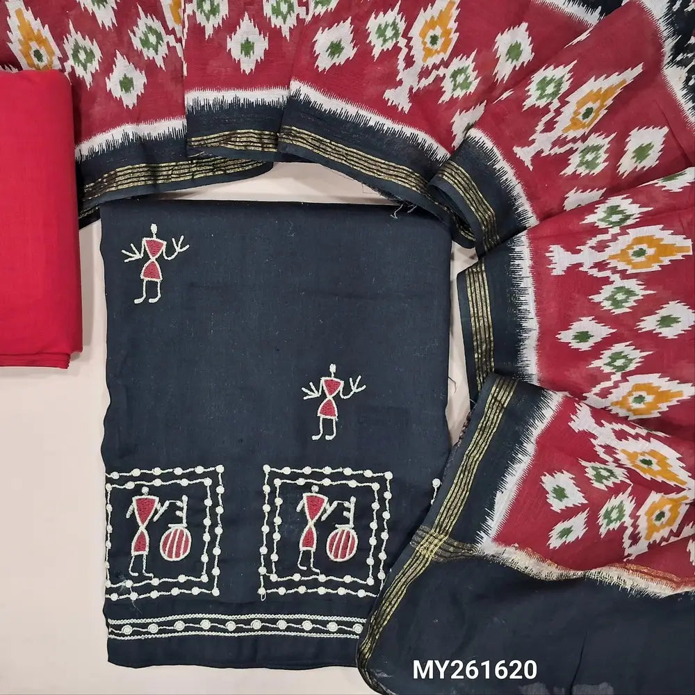 Black jam cotton unstitched salwar material,warli embroidery on front,(lining optional)maroon cotton bottom, ikat printed linen cotton dupatta. MY261620
