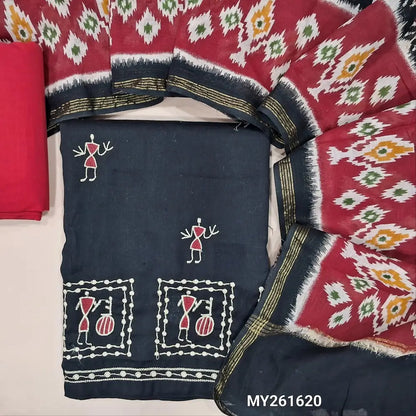 Black jam cotton unstitched salwar material,warli embroidery on front,(lining optional)maroon cotton bottom, ikat printed linen cotton dupatta. MY261620