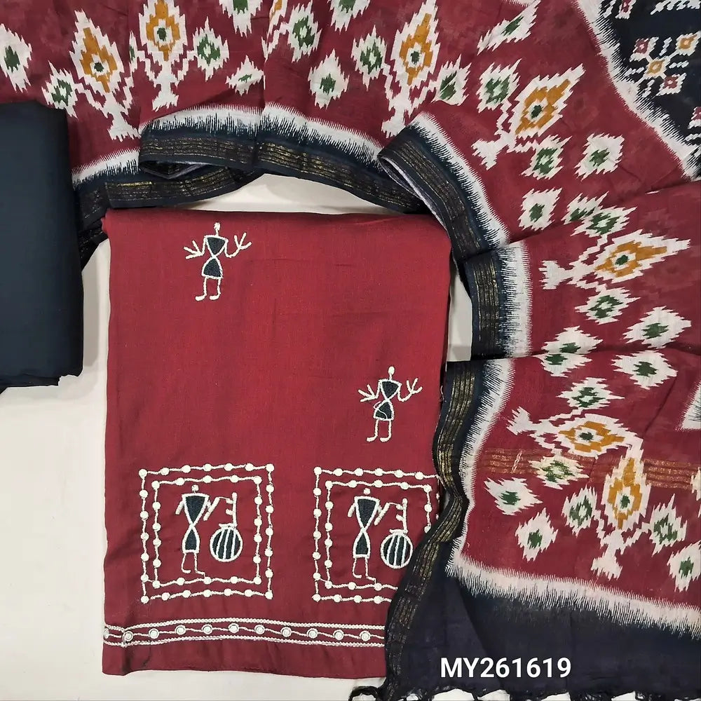 Dark maroon jam cotton unstitched salwar material,warli embroidery on front,(lining optional)black cotton bottom, ikat printed linen cotton dupatta. MY261619