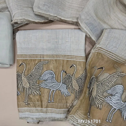 Rich beige premium silk cotton unstitched salwar material,zari buttas all over,silver& anti gold zari embroidery,tissue work on daman(lining needed)matching santoon bottom, soft silk cotton dupatta with silver gold tissue with zari work pallu. MY261701