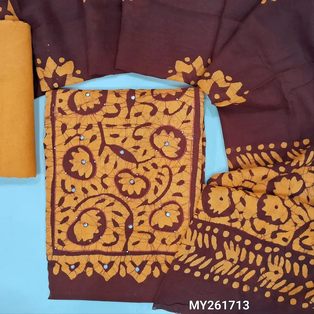Dark maroon wax batik dyed pure soft cotton unstitched salwar material, thread and faux mirror on yoke,(lining needed)light orange cotton bottom, wax batik design on mul cotton dupatta(TAPPING NEEDED). MY261713