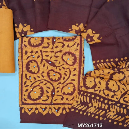 Dark maroon wax batik dyed pure soft cotton unstitched salwar material, thread and faux mirror on yoke,(lining needed)light orange cotton bottom, wax batik design on mul cotton dupatta(TAPPING NEEDED). MY261713