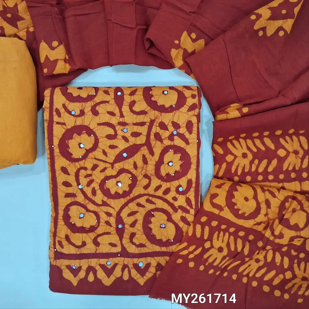 Reddish maroon wax batik dyed pure soft cotton unstitched salwar material, thread and faux mirror on yoke,(lining needed)light orange cotton bottom, wax batik design on mul cotton dupatta(TAPPING NEEDED). MY261714