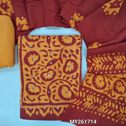 Reddish maroon wax batik dyed pure soft cotton unstitched salwar material, thread and faux mirror on yoke,(lining needed)light orange cotton bottom, wax batik design on mul cotton dupatta(TAPPING NEEDED). MY261714