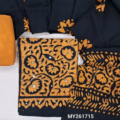 Black wax batik dyed pure soft cotton unstitched salwar material, thread and faux mirror on yoke,(lining needed)light orange cotton bottom, wax batik design on mul cotton dupatta(TAPPING NEEDED). MY261715