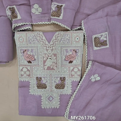 Designer purple mul chanderi unstitched salwar material,v neck with embroidery work,sugar bead, sequins and real mirror( soft,lining needed)cotton bottom,embroidery work on short width mul chanderi dupatta with lace tapping. MY261706