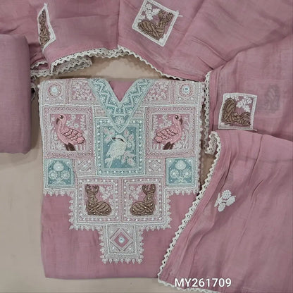 Designer pink mul chanderi unstitched salwar material,v neck with embroidery work,sugar bead, sequins and real mirror( soft,lining needed)cotton bottom,embroidery work on short width mul chanderi dupatta with lace tapping. MY261709