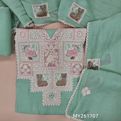 Designer pastel blue mul chanderi unstitched salwar material,v neck with embroidery work,sugar bead, sequins and real mirror( soft,lining needed)cotton bottom,embroidery work on short width mul chanderi dupatta with lace tapping. MY261707