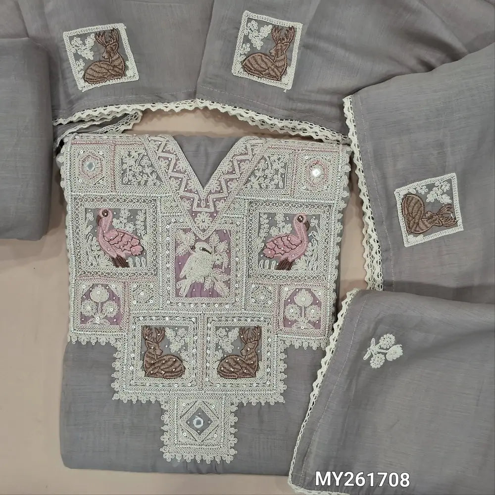 Designer light grey mul chanderi unstitched salwar material,v neck with embroidery work,sugar bead, sequins and real mirror( soft,lining needed)cotton bottom,embroidery work on short width mul chanderi dupatta with lace tapping. MY261708