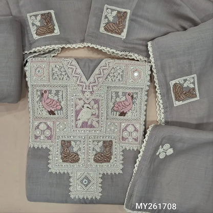 Designer light grey mul chanderi unstitched salwar material,v neck with embroidery work,sugar bead, sequins and real mirror( soft,lining needed)cotton bottom,embroidery work on short width mul chanderi dupatta with lace tapping. MY261708