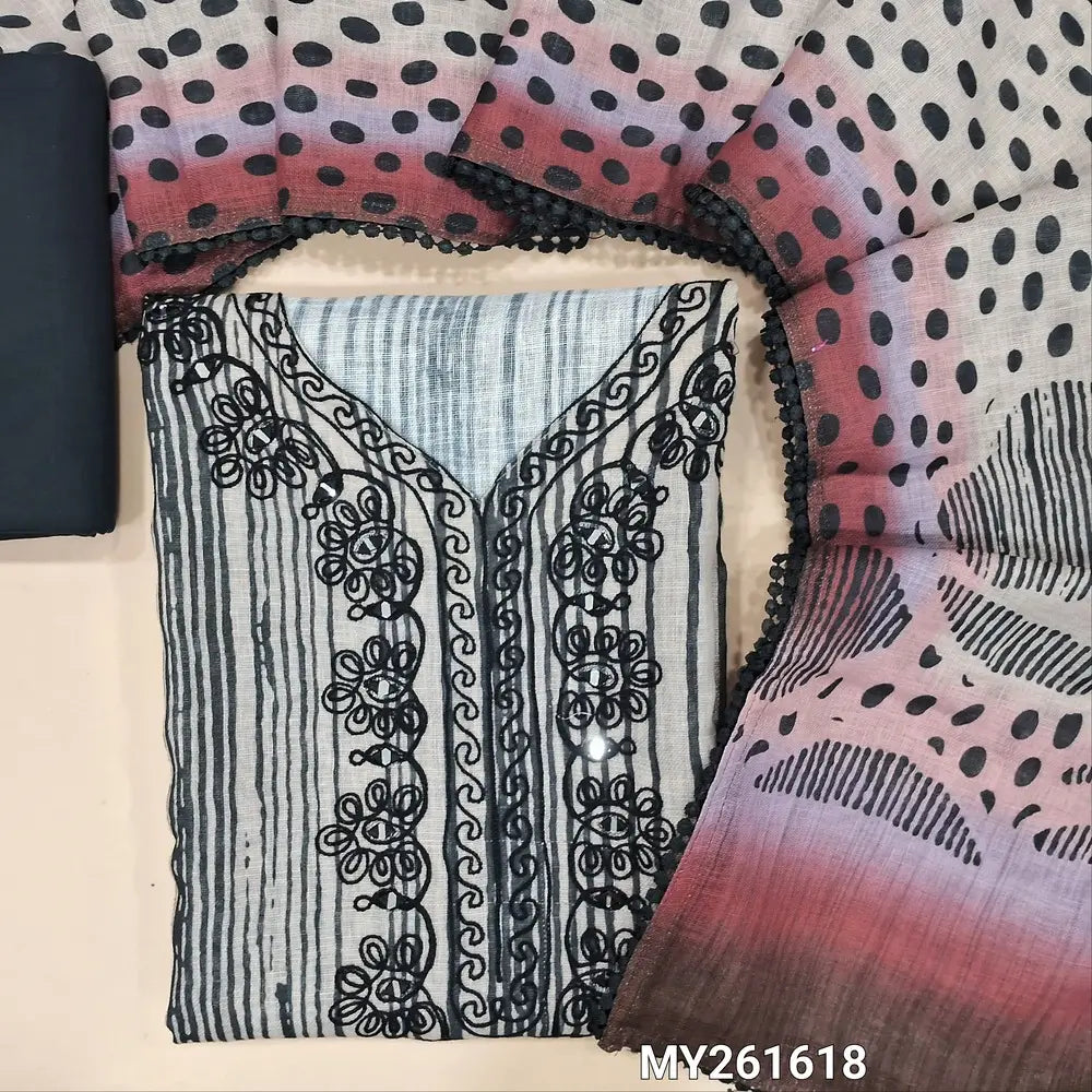 Designer light grey base pure linen unstitched salwar material,vertical printed all over,thread embroidery and real mirror work on yoke,(lining needed)black cotton bottom,polka dots linen dupatta with abstract printed pallu and lace tapping. MY261618