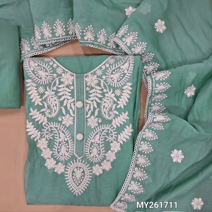 Powder blue mul chanderi unstitched salwar material,embroidery work on yoke,floral embroidery on front,( soft,lining needed)cotton bottom, embroidery work on mul chanderi dupatta with borders and lace tapping. MY261711
