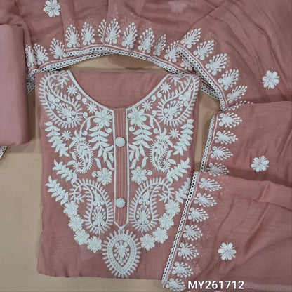 Pastel pink mul chanderi unstitched salwar material,embroidery work on yoke,floral embroidery on front,( soft,lining needed)cotton bottom, embroidery work on mul chanderi dupatta with borders and lace tapping. MY261712