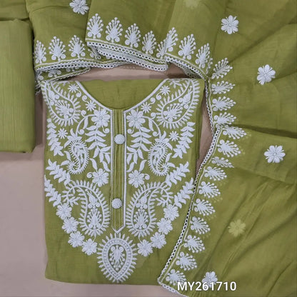 Pastel green mul chanderi unstitched salwar material,embroidery work on yoke,floral embroidery on front,( soft,lining needed)cotton bottom, embroidery work on mul chanderi dupatta with borders and lace tapping. MY261710