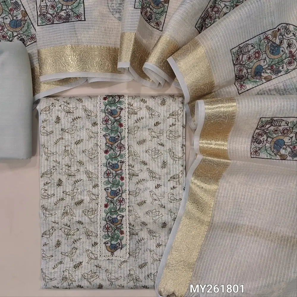 Designer half white golden tint premium tissue kota unstitched salwar material (shiny,lining needed) embroidery work on yoke, bird prints all over,spun cotton bottom, benarasi woven thread embroidery work on tissue kota dupatta with zari borders. MY261801
