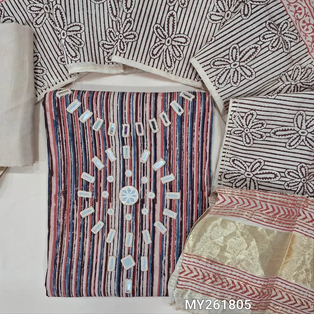 Multicolor hand block vertical printed pure cotton unstitched salwar material, hand embroidered real mirror work on yoke,(PINK)(soft,Lining optional )cotton bottom,block printed soft silk cotton dupatta with real mirror work &gold tissue pallu. MY261805