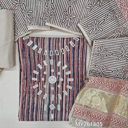 Multicolor hand block vertical printed pure cotton unstitched salwar material, hand embroidered real mirror work on yoke,(PINK)(soft,Lining optional )cotton bottom,block printed soft silk cotton dupatta with real mirror work &gold tissue pallu. MY261805