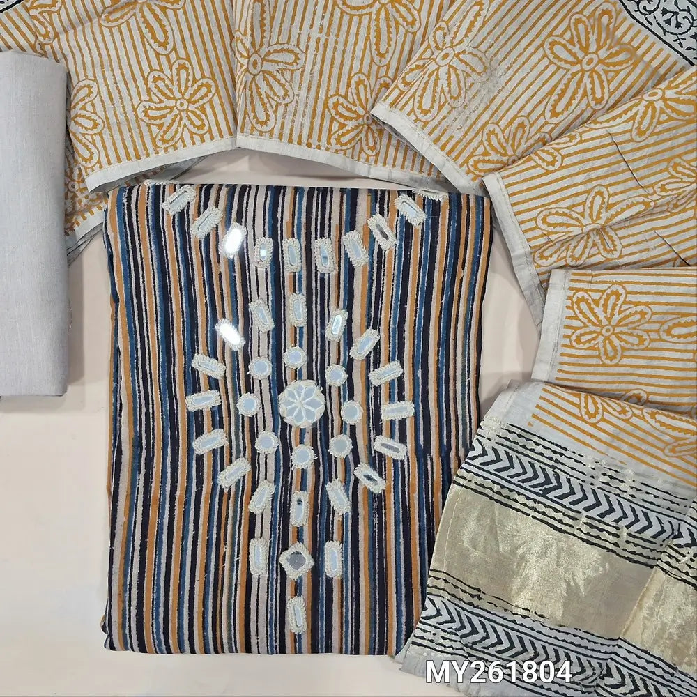 Multicolor hand block vertical printed pure cotton unstitched salwar material, hand embroidered real mirror work on yoke,(YELLOW)(soft,Lining optional )cotton bottom,block printed soft silk cotton dupatta with real mirror work &gold tissue pallu. MY261804
