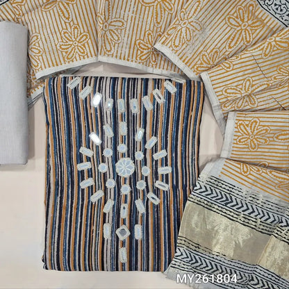 Multicolor hand block vertical printed pure cotton unstitched salwar material, hand embroidered real mirror work on yoke,(YELLOW)(soft,Lining optional )cotton bottom,block printed soft silk cotton dupatta with real mirror work &gold tissue pallu. MY261804