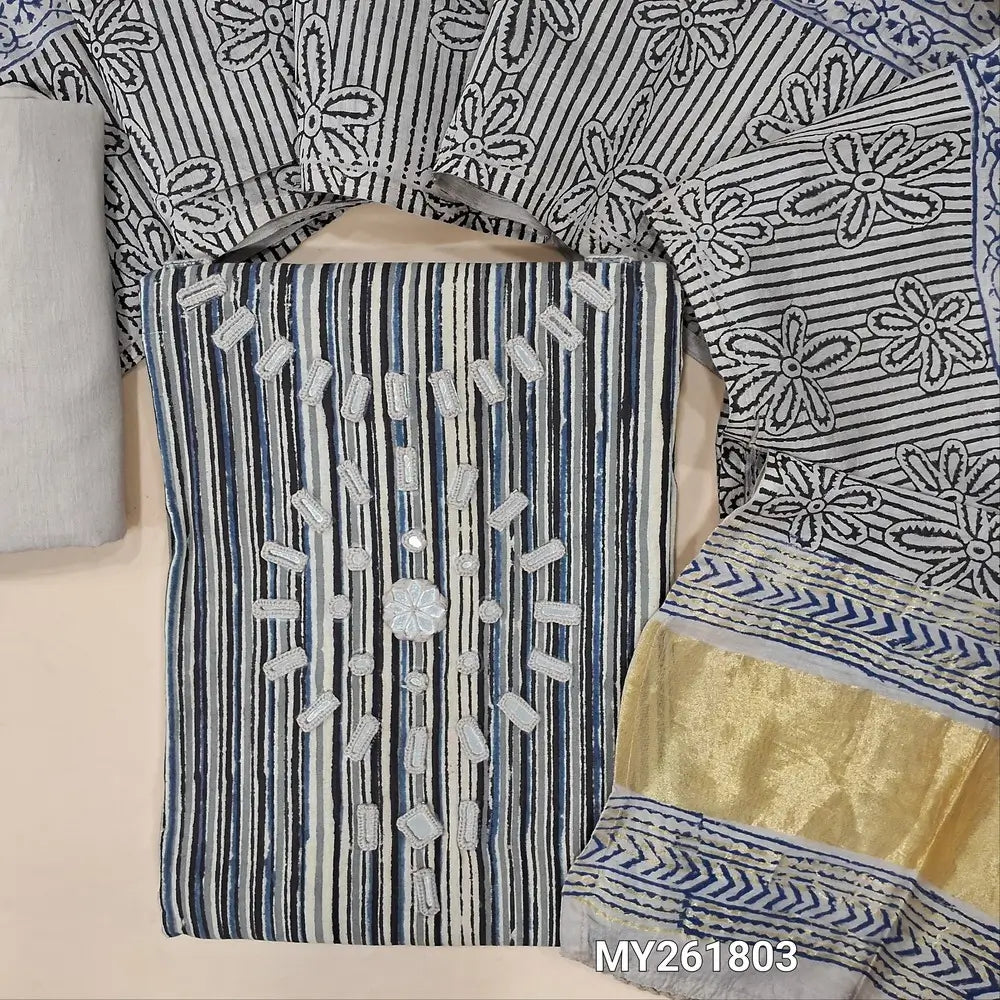 Multicolor hand block vertical printed pure cotton unstitched salwar material, hand embroidered real mirror work on yoke,(GREY)(soft,Lining optional )cotton bottom,block printed soft silk cotton dupatta with real mirror work &gold tissue pallu. MY261803