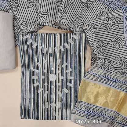 Multicolor hand block vertical printed pure cotton unstitched salwar material, hand embroidered real mirror work on yoke,(GREY)(soft,Lining optional )cotton bottom,block printed soft silk cotton dupatta with real mirror work &gold tissue pallu. MY261803