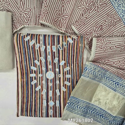Multicolor hand block vertical printed pure cotton unstitched salwar material, hand embroidered real mirror work on yoke,(MAROON)(soft,Lining optional )cotton bottom,block printed soft silk cotton dupatta with real mirror work &gold tissue pallu. MY261802