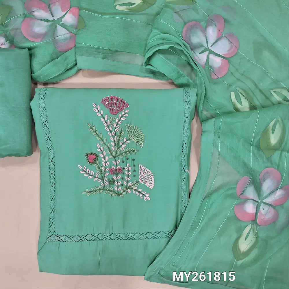 Pastel blue soft silk cotton unstitched salwar material, hand embroidered& crochet lace work on yoke(lining needed)matching silky bottom, brush painted fancy chiffon dupatta with sequins work& tapings. MY261815