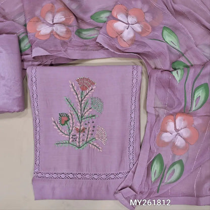 Light purple soft silk cotton unstitched salwar material, hand embroidered& crochet lace work on yoke(lining needed)matching silky bottom, brush painted fancy chiffon dupatta with sequins work& tapings. MY261812