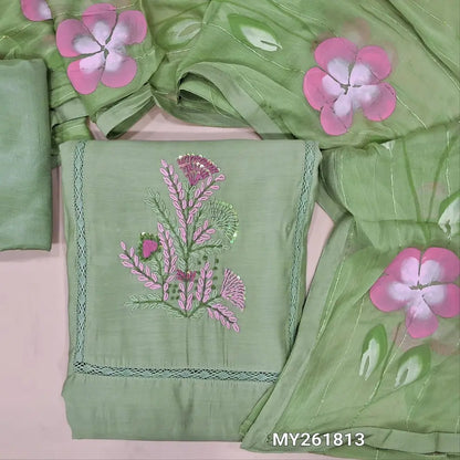 Pastel green soft silk cotton unstitched salwar material, hand embroidered& crochet lace work on yoke(lining needed)matching silky bottom, brush painted fancy chiffon dupatta with sequins work& tapings. MY261813