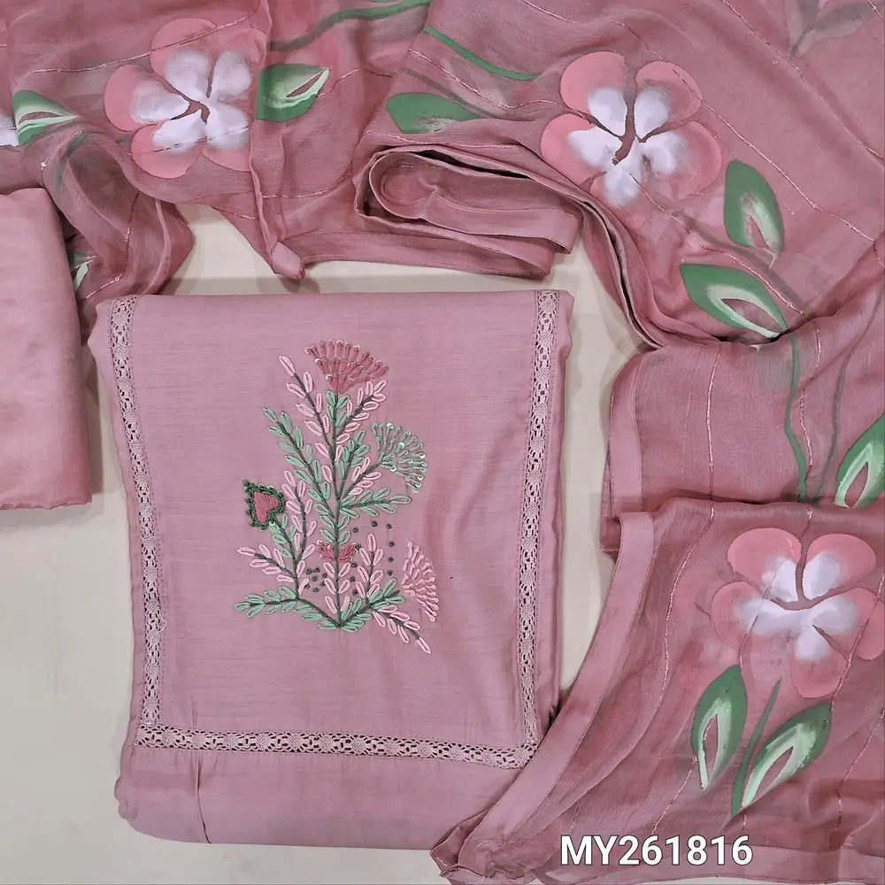 Pastel pink soft silk cotton unstitched salwar material, hand embroidered& crochet lace work on yoke(lining needed)matching silky bottom, brush painted fancy chiffon dupatta with sequins work& tapings. MY261816