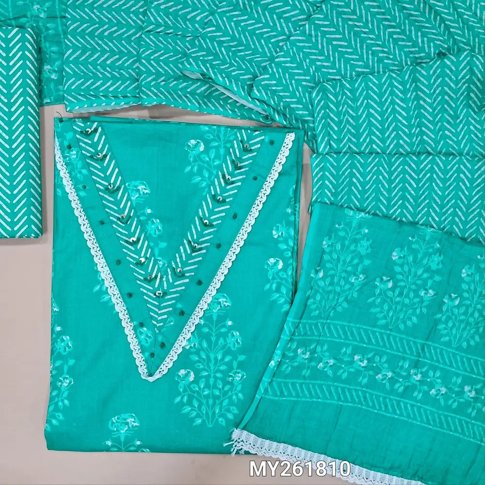 Floral printed turquoise blue soft cotton unstitched salwar material (thin,lining optional) french kont &sequins work on v neck yoke,vertical printed cotton bottom, crinkled mul cotton dupatta(TAPING NEEDED). MY261810