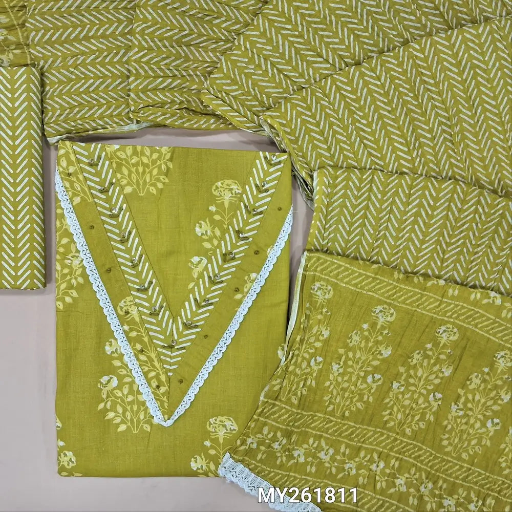 Floral printed mehandhi green soft cotton unstitched salwar material (thin,lining optional) french kont &sequins work on v neck yoke,vertical printed cotton bottom, crinkled mul cotton dupatta(TAPING NEEDED). MY261811