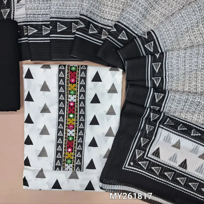 Black & white printed soft cotton unstitched salwar material, thread embroidery work on real mirror yoke (lining needed)black cotton bottom, printed soft mul cotton dupatta. MY261817