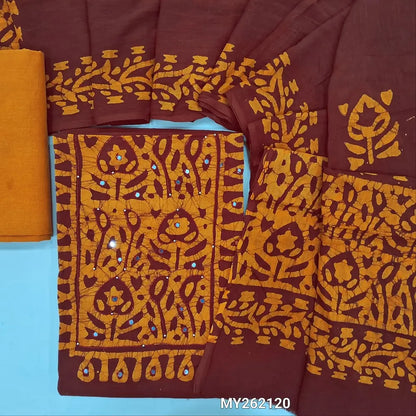 Dark maroon wax batik dyed pure soft cotton unstitched salwar material, thread and faux mirror on yoke,(lining needed)light orange cotton bottom, wax batik design on mul cotton dupatta(TAPPING NEEDED). MY262120